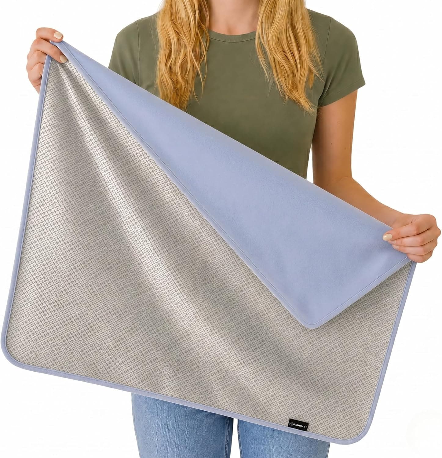 RADIHALT Full Lap blanket in gray, held open to show its cotton face and copper-nickel fabric reverse