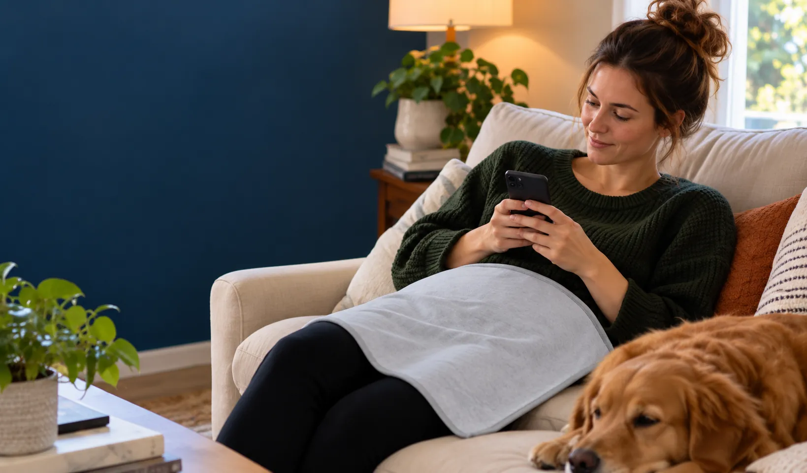 Woman relaxing on a sofa with her phone, a RADIHALT blanket and a sleeping dog