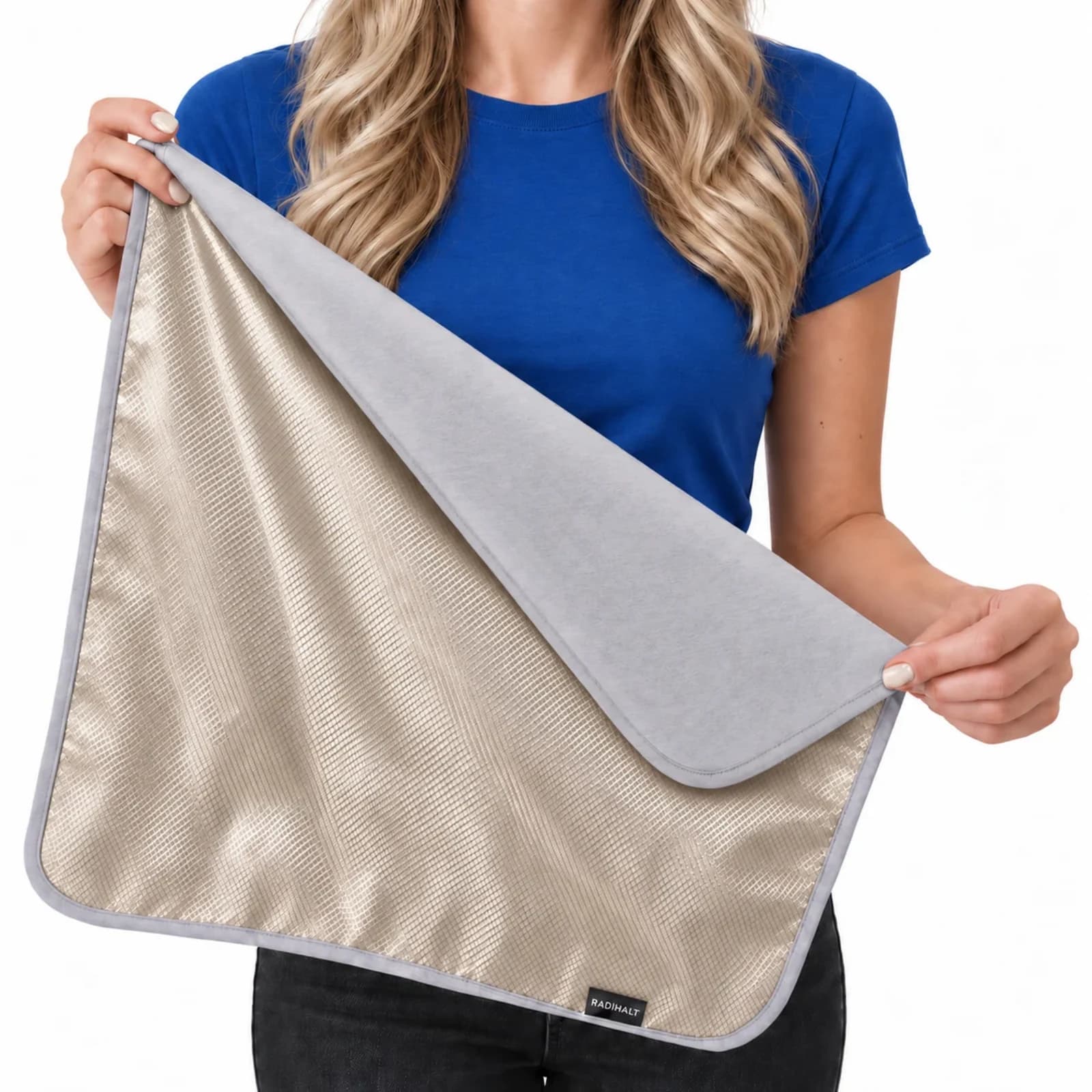 RADIHALT 18 × 18 inch grey blanket held open, showing the cotton face and copper-nickel inner fabric